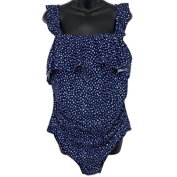 Kona Sol Womens Size 17 One-Piece Swimsuit Navy White Polka Dot Ruffle NWT New - Picture 1 of 8